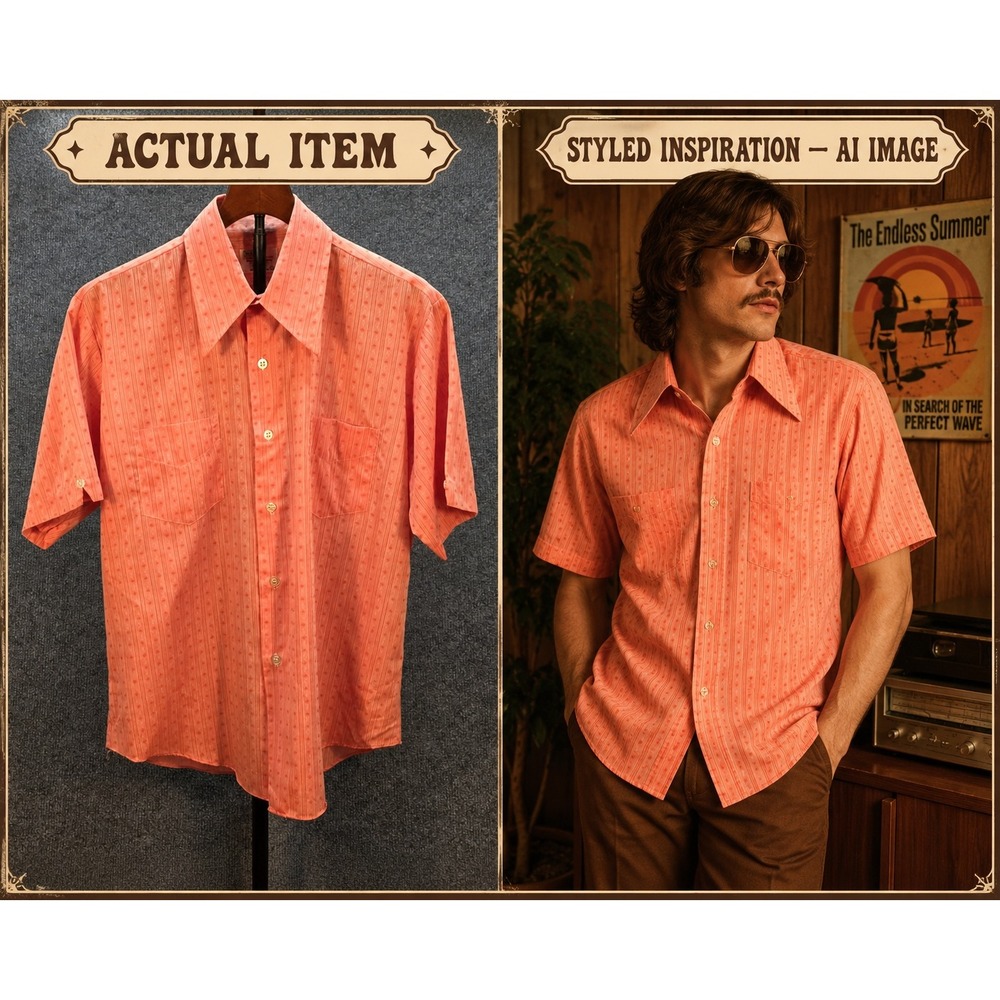 Mitchells Shirt Mens Vintage 70s Dagger Collar Geometric Coral L Excellent Retro